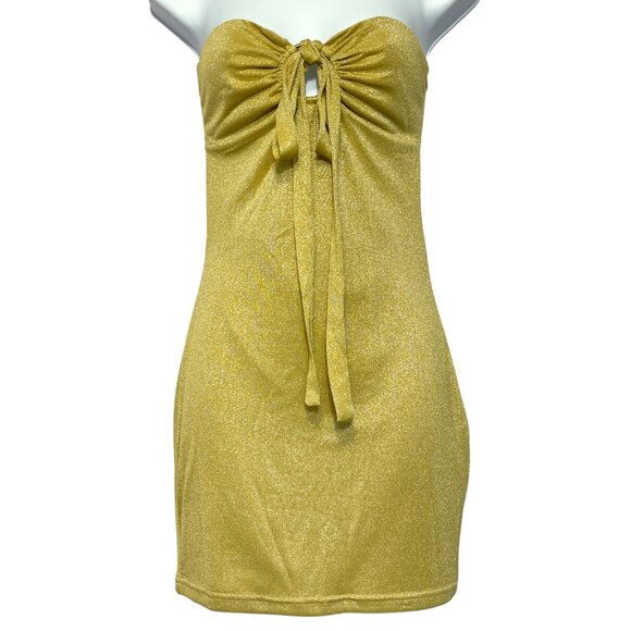Beginning Boutique Gold Metallic Halter Mini Dress Size 10 Keyhole Party Club - Picture 5 of 9